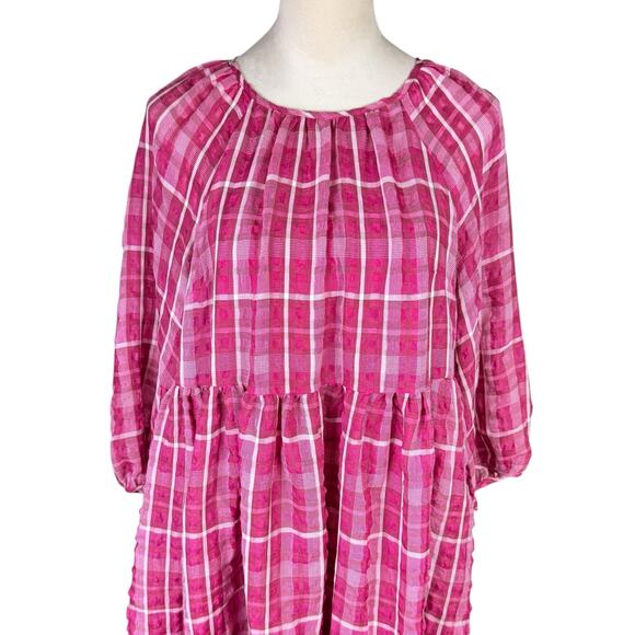 Madewell Azalea Pink & White Plaid Shirred Pockets Babydoll Summer Mini Dress - Picture 7 of 14
